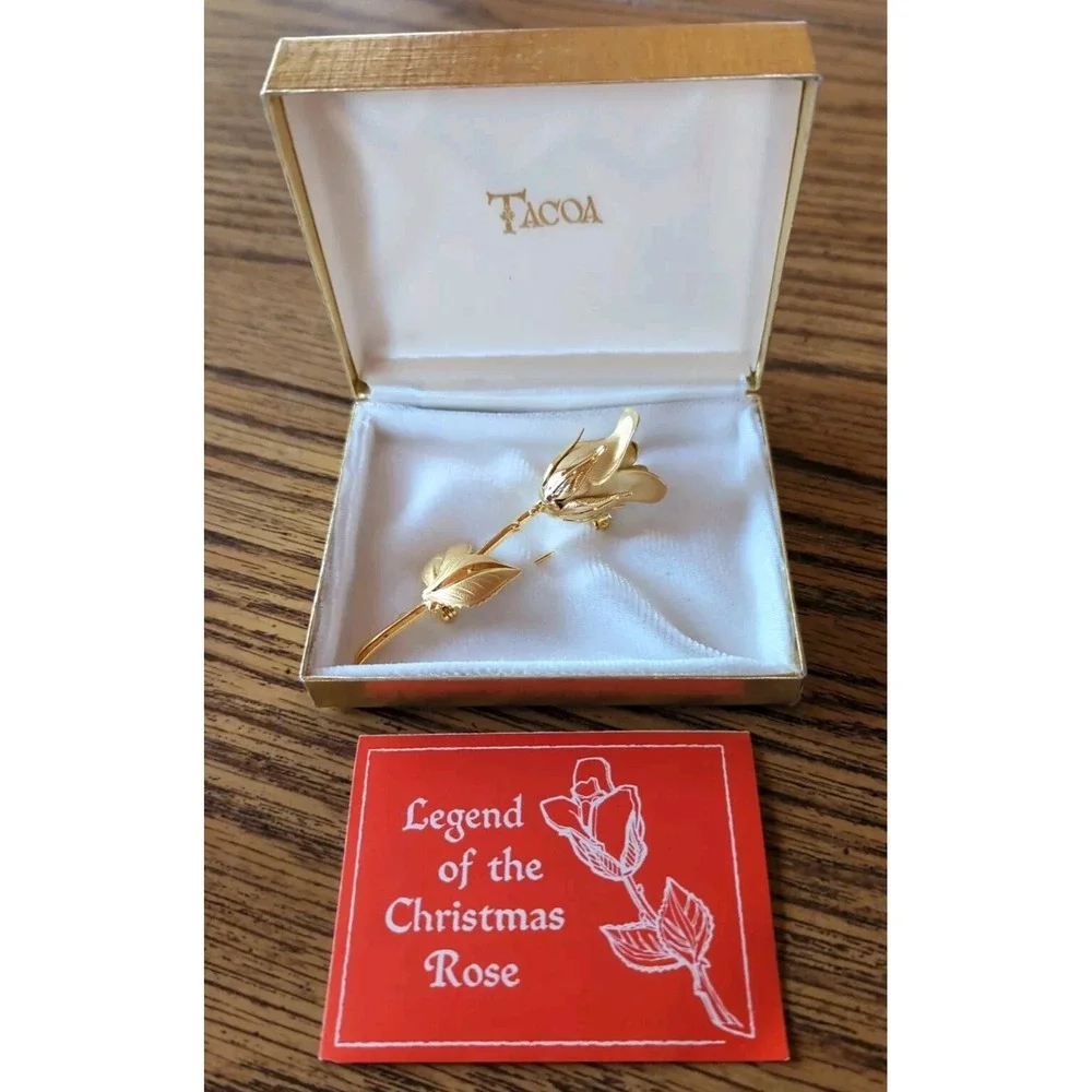 Very Nice Tacoa Vintage Christmas Gold Tone Rose Brooch